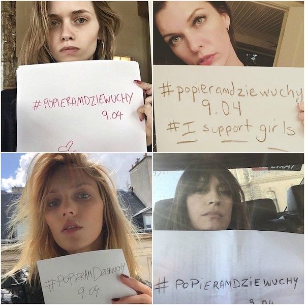 Kolaż ze zdjęć z czterema dziewczynami trzymającymi w ręku kartkę z feministycznymi hasłami