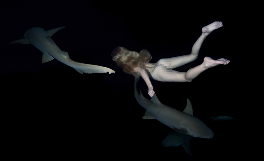 Biała, naga, odważna modelka pływa pod wodą obok dwóch rekinów, dużych drapieżnych ryb.