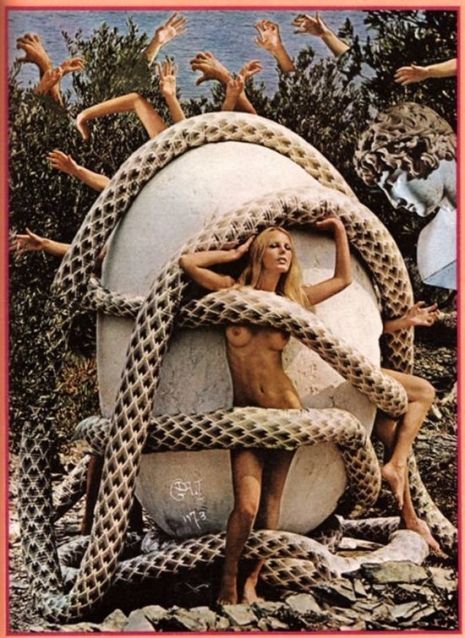 Na zdjęciu widzimy modelkę nagą, na tle dużego jaja kurzego, owita jest w węże. Z jaja wychodzą ludzkie ręce i nogi.