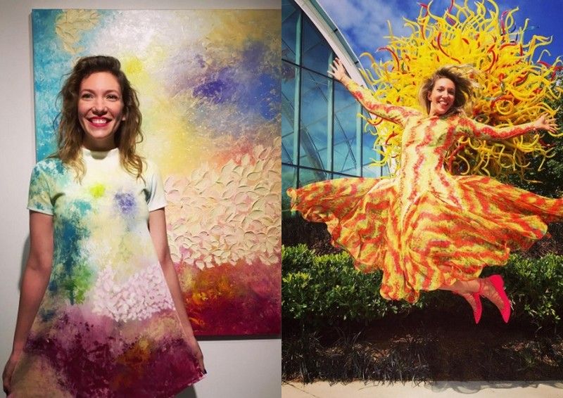 Dwa zdjęcia przedstawiające dziewczyne ubraną w sukienki przypominające obrazy
