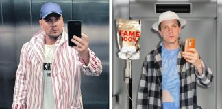 Dwa zdjęcia, zdjęcie z lewej przedstawia mężczyzne ubranego w płaszcz w pasy, czapkę stoi w windzie i robi selfie, z prawej chłopak stoi w szpitalnym ubraniu, narzuconym szlafroku z kroplówką z napisem 100% FEJM