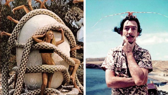 Na zdjęciu są zestawione dwa zdjęcia, jedno przedstawia modelkę na tle dużego jaja kurzego, owitą w węże. Z jaja 