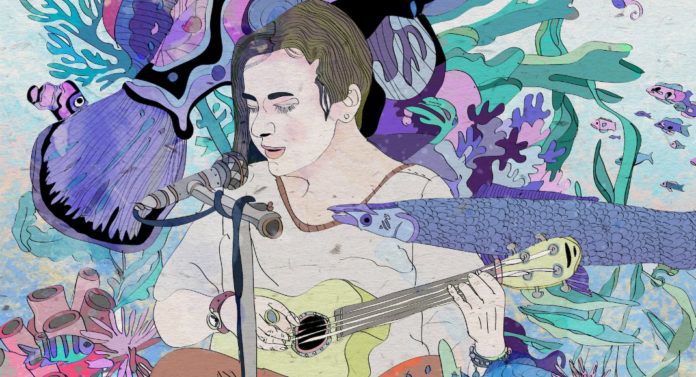 Kolorowa grafika przedstawiająca kobietę grającą na gitarze