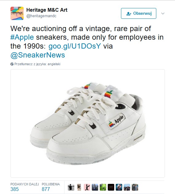 Screenshot z twittera z białymi butami z wyszywanym logo apple