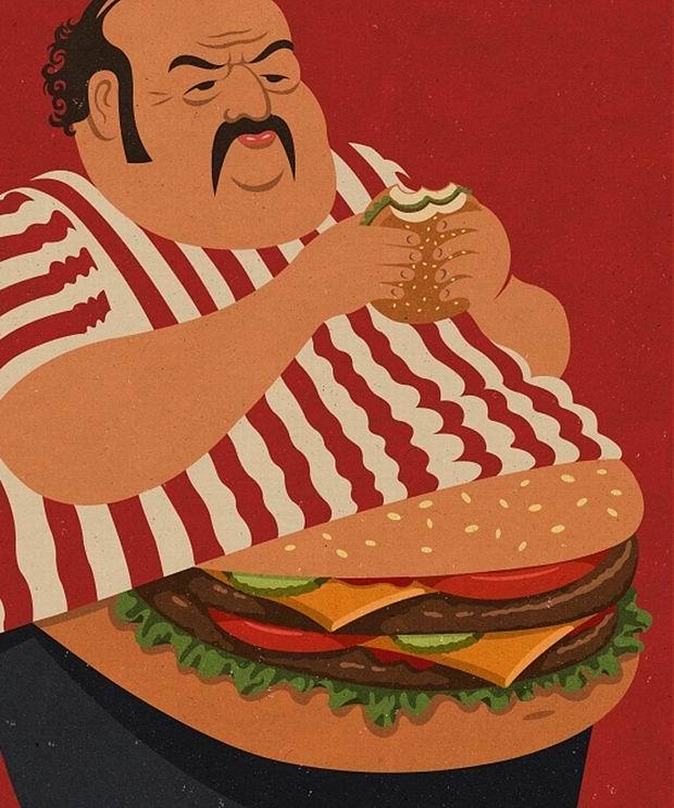 otyly mezczyzna z czarnym wasem trzymajacy w dloniach hamburgera, ubrany w koszulke w biao-czerwone paski zamiast brzucha pod koszulka wystaje mu hamburger
