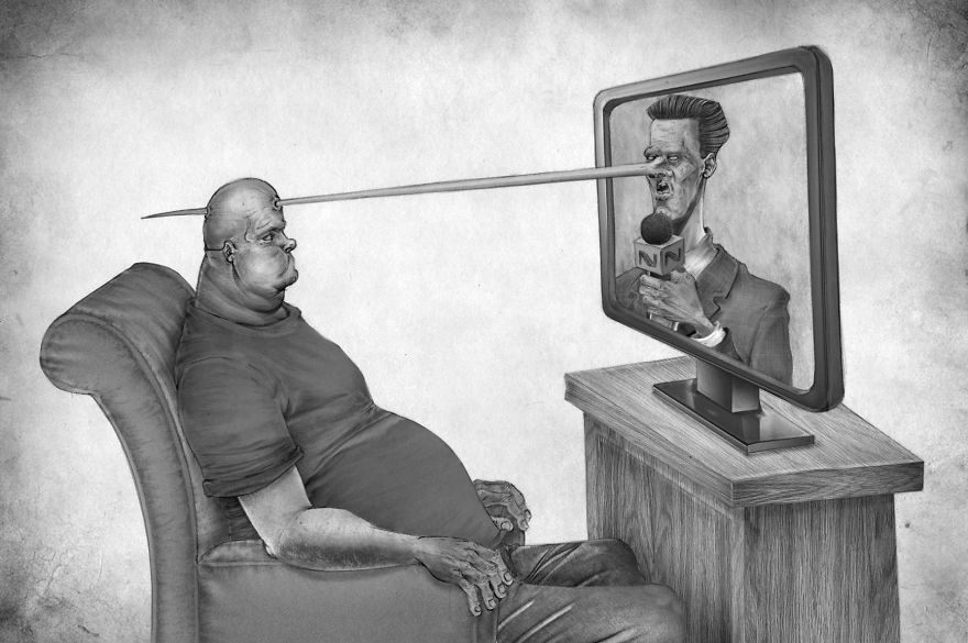 Rysnek przedstawiający otyłego mężczyzne siedzącego na fotelu, przed nim telewizor z prowadzącym, którego nos przebija głowę oglądającego telewizję mężczyzny