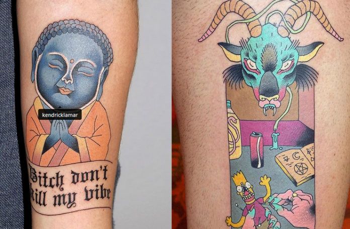 Dwa tatuaże obok siebie, jeden to Niebieski kozioł i Bart Simpson, a drugi wizerunek buddy podpisanej jako Kendrick Lamar