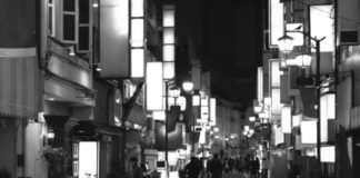 Gif przesdstawia dużą ulicę w Tokio z mnóstwem świateł i bez.