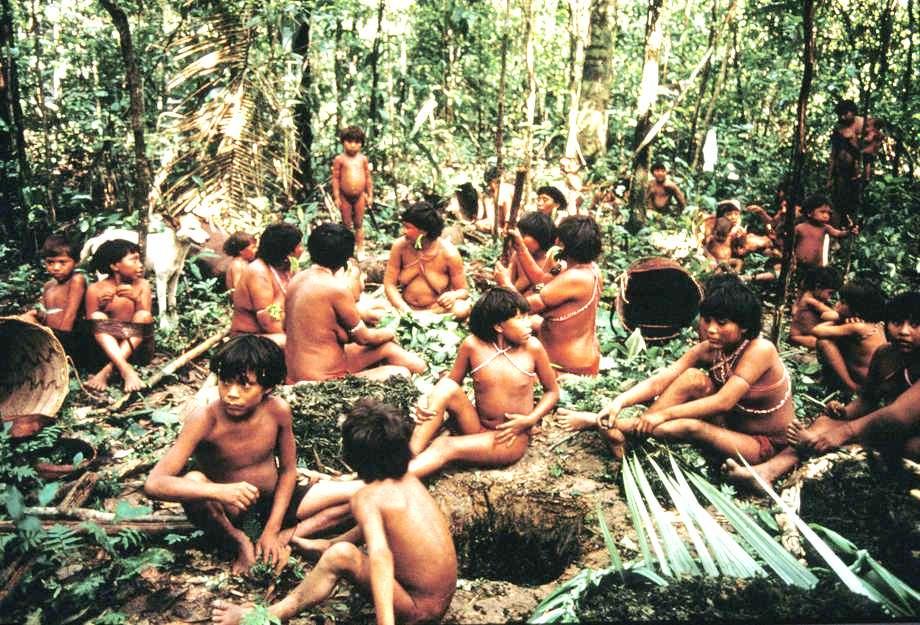 Grupa młodych chłopców z plemienia Yanomami, które jest w środku dżungli i aktualnie przygotowują sobie pokarm. Wszyscy są nadzy i mają pomalowane ciała.