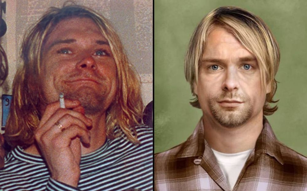 Po lewej młody mężczyzna z blond włosami, trzymający w dłoni papierosa, po lewej ten sam mężczyzna, tylko starszy