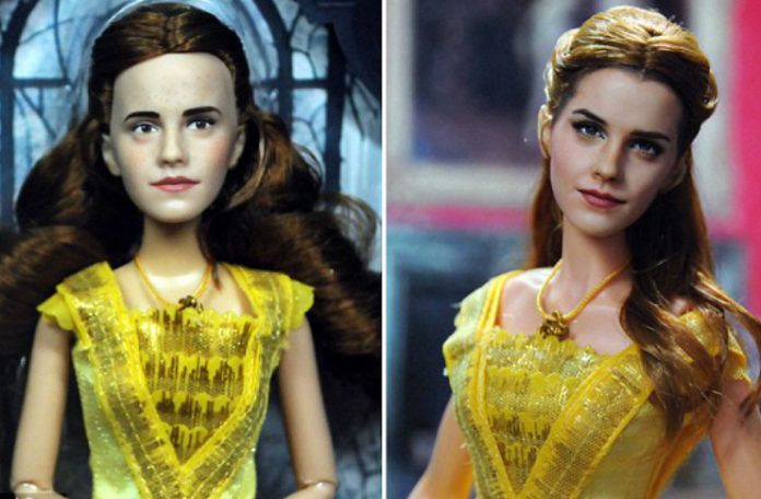 Po lewej stronie lalka przedstawiająca Bellę z Pięknej i Bestii przed retuszem i po drugiej stronie po retuszu