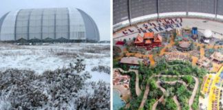 Obrazek po lewej stronie pokazuje Niemiecki aquapark zimą od zewnątrz. Jest to wielka hala uchywcona zimą. Zdjecie po prawej kontrastruje, poniewaz ukazuje park od wewnatrz, ktory wyglada jak tropikalna wyspa.