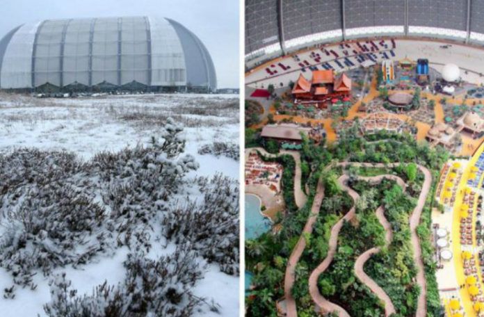 Obrazek po lewej stronie pokazuje Niemiecki aquapark zimą od zewnątrz. Jest to wielka hala uchywcona zimą. Zdjecie po prawej kontrastruje, poniewaz ukazuje park od wewnatrz, ktory wyglada jak tropikalna wyspa.