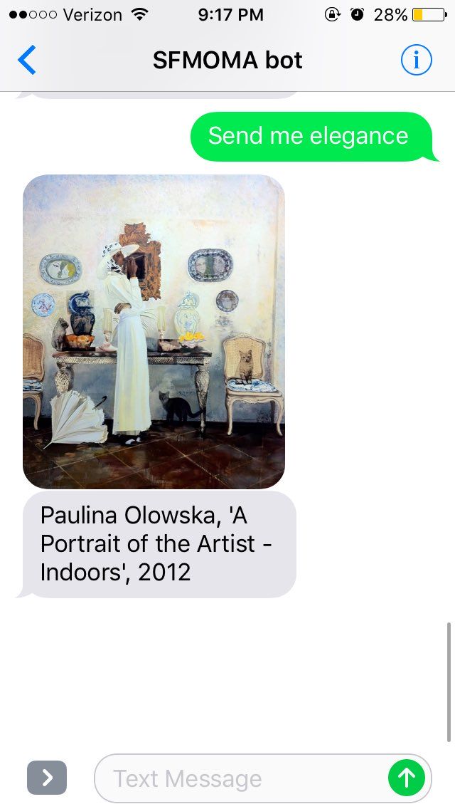 Zdjecie na ktorym widać rozmowe sms. Własciciel telefonu wyslal wiadomosc o tresci send me elegance, w odpowiedzi dostal obraz polskiej artystyki od Muzeum Sztuki Wspolczesnej w San Francisco.