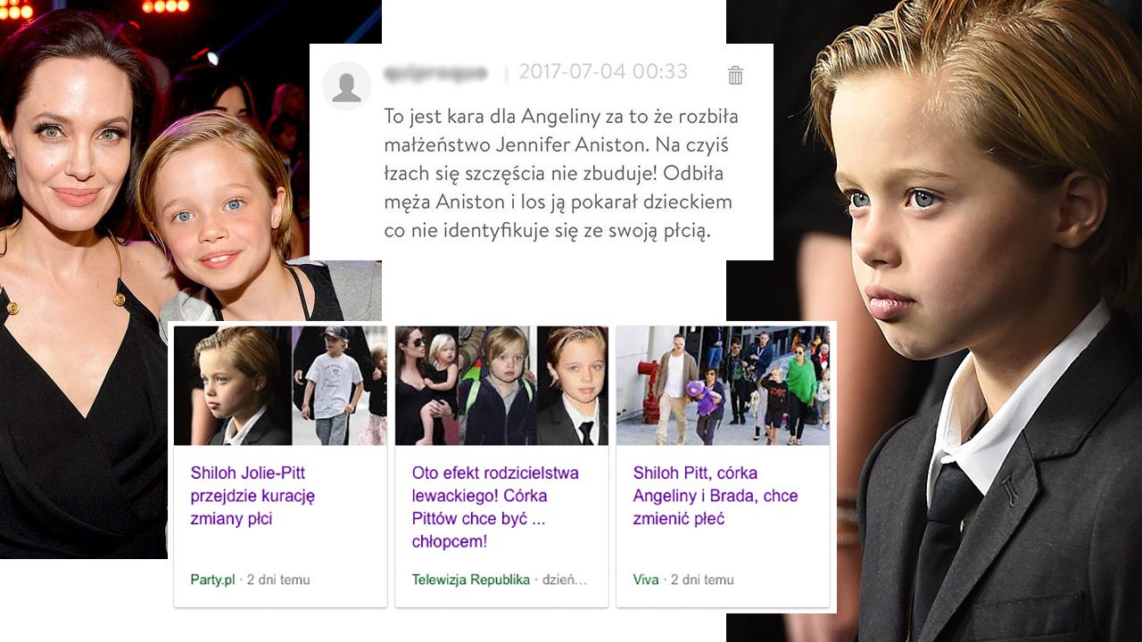 Kolaż. Po lewej zdjęcie Angieliny Jolie z córką. Na środku screenshot komentarza do artykułu, pod spodem nagłówki artykułów na temat dziewczynki. Po prawej portret Shiloh Jolie-Pitt.