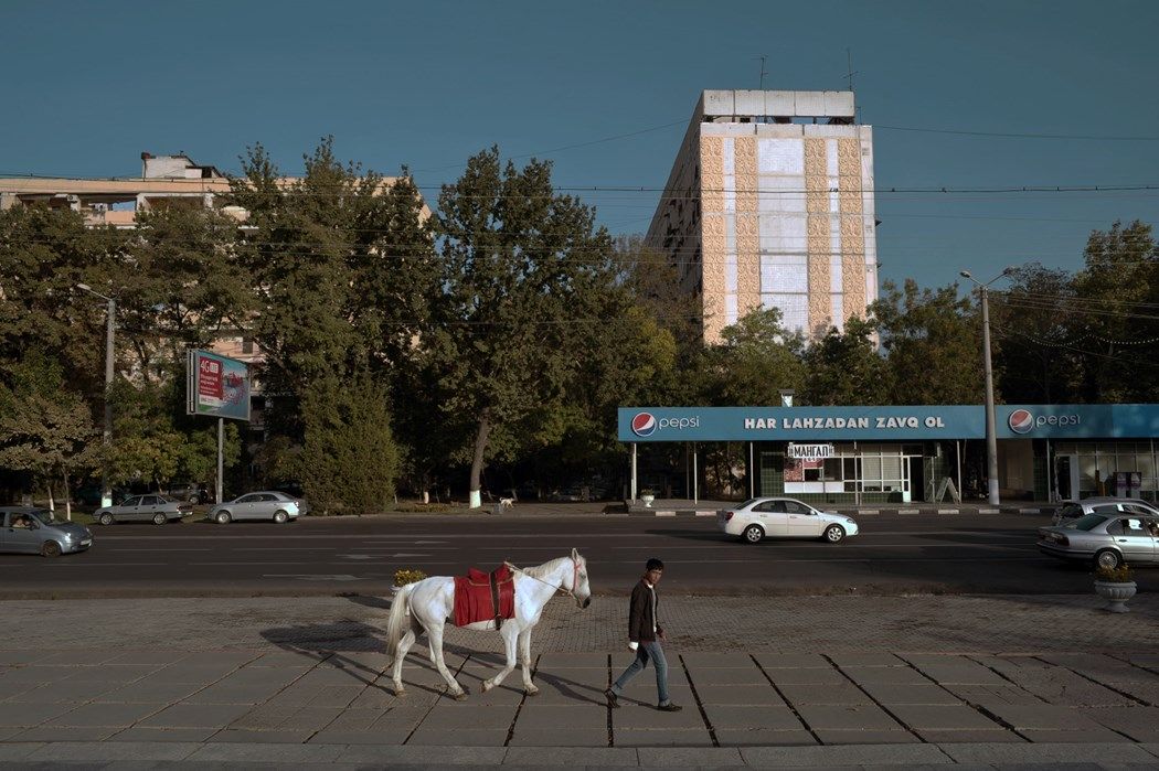 Młody męzczyzna maszeruje z koniem przywiązanym do liny przez miasto. On jest ubrany na czarno, koń jest biały. Za nim widać sklep spożywczy, jadący samochód, trochę drzew oraz budynek mieszkalny.