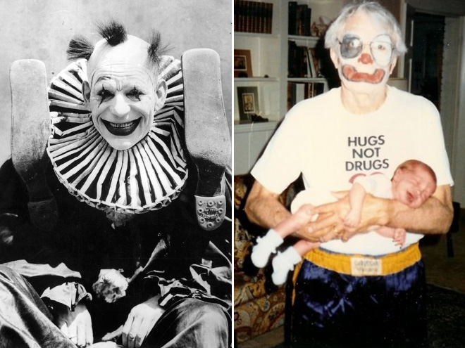 Dwa zdjęcia. Po lewej łysiejący klaun, po prawej stary klaun z niemowlakiem.