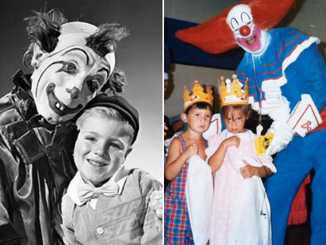 Dwa zdjęcia. Po lewej łysiejący klaun z małą blondnką, po prawej szalony klaun z dziećmi w koronach.