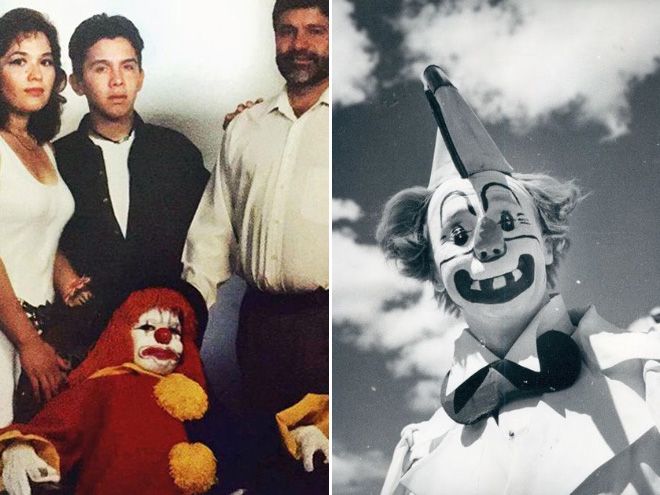 Dwa zdjęca. Po lewej klaun karzeł, po prawej klaun z nienaturalnie dużym uśmiechem.
