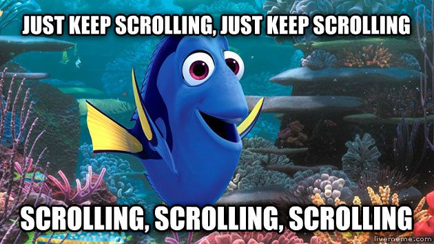 Niebieska animowana ryba cieszy się. Przy górnej krawędzi napis. Keep scrolling, just keep scrolling. Przy dolnej krawędzi napis. Scrolling, scrolling, scrolling.