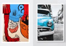 Dwa plakaty, jeden surrealistyczny w kolorach czerwieni i błękitu, drugi przedstawia stary samochód w niebieskim kolorze
