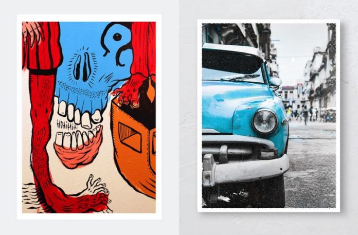 Dwa plakaty, jeden surrealistyczny w kolorach czerwieni i błękitu, drugi przedstawia stary samochód w niebieskim kolorze