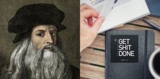 Portret Leonarda Da Vinci, a obok notes z napisem GET SHIT DONE