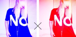 Dwa takie same zdjęcia blondwłosej dziewczyny z zakrytą włosami twarzą w długiej koszulce z napisem NO - jedno zdjęcie czerwone, drugie niebieskie