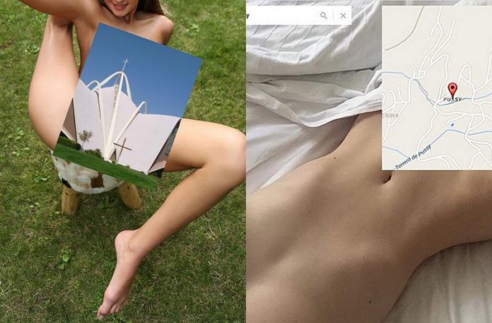 Dwa zdjęcia przedstawiające nagie kobiety z zakrytymi częściami intymnymi przez zdjęcia budynków i mapy