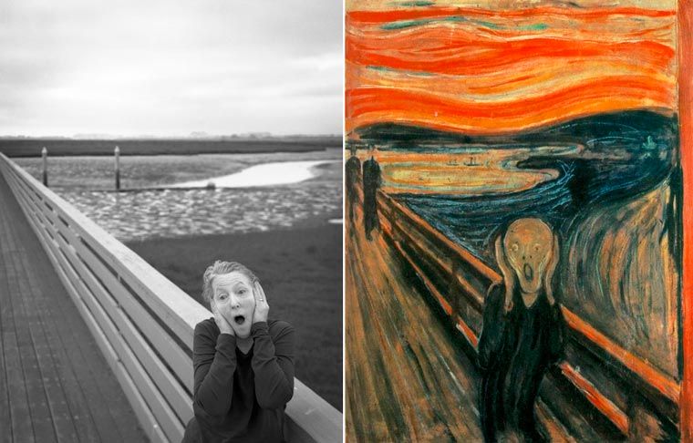 Porównanie obrazu Muncha do zdjęcia Laury, które przedstawia to samo co na obrazie.
