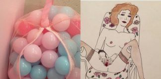 Zdjęcie balonów w worku, a obok grafika masturbującej się kobiety