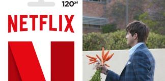 Karta podarunkowa Netflix, a obok mężczyzna z bukietem marchewek