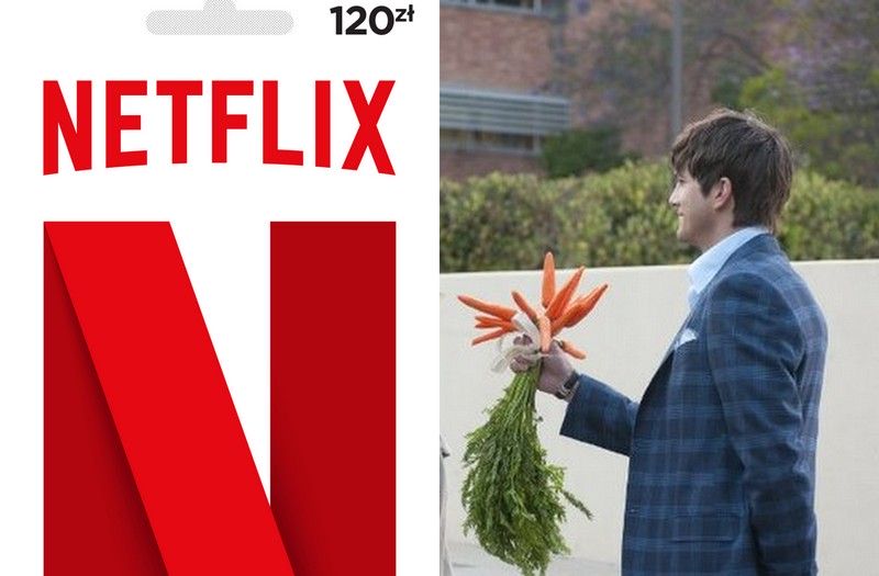 Karta podarunkowa Netflix, a obok mężczyzna z bukietem marchewek