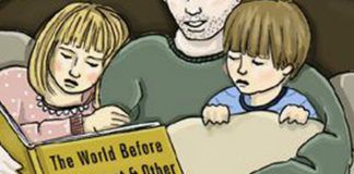 Grafika przedstawiająca ojca z dziećmi w łóżku czytającego książkę