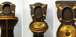 Złota toaleta z logotypami Louis Vuitton