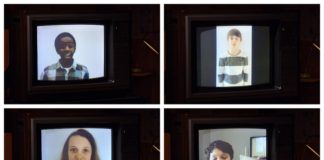 Telewizor kineskopowy z wyświetlonymi twarzami 4 dzieci