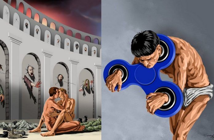 Dwie grafiki: jedna przedstawia całującą się homoseksualną parę, druga człowieka zakajdankowanego w fidget spinnera
