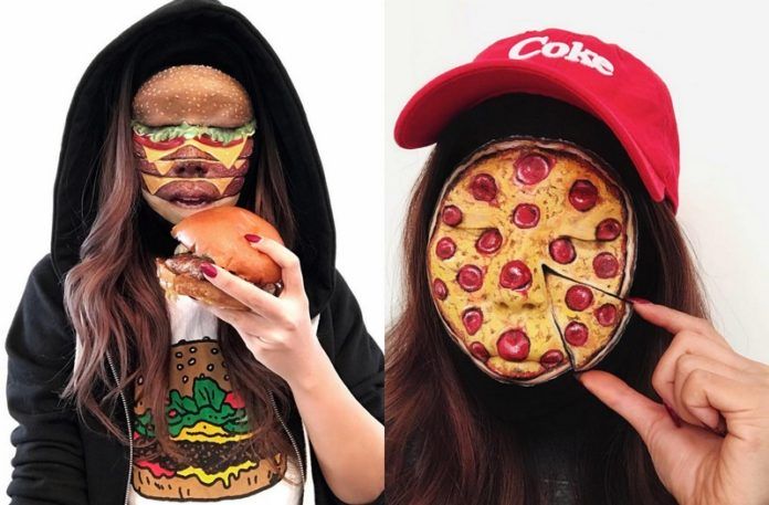 Dziewczyna z dwoma makijażami: pizza i hamburger
