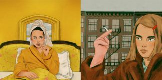 Dwie grafiki przedstawiające postacie z filmów Wes Andersona