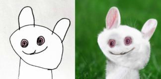 Rysunek białego królika, a obok królik przeniesiony do rzeczywistości