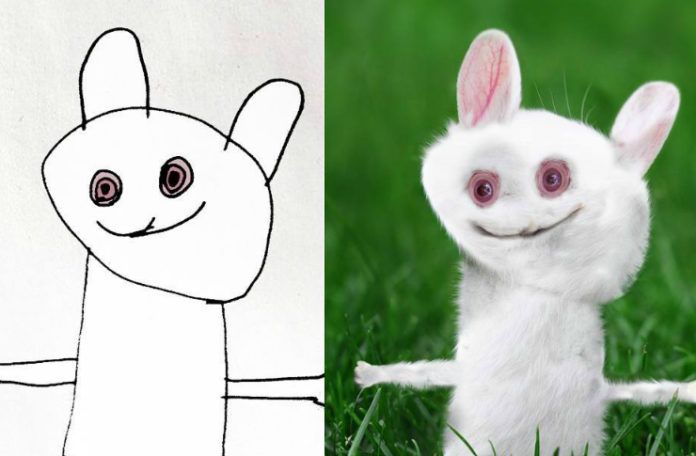 Rysunek białego królika, a obok królik przeniesiony do rzeczywistości