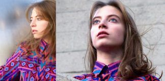 Dwa zdjęcia dziewczyny ubranej w kolorową bluzkę, patrząca w dal