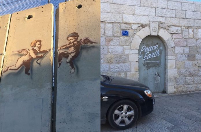 Prace Banksy'ego przedstawiające aniołki oraz drzwi z napisem