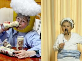 Dwie fotografie przedstawiającą starszą kobietę w przedzwinych stylizacjach