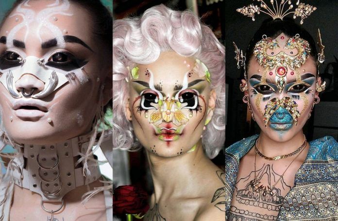 Trzy surrealistyczne makijaże na twarzach kobiet