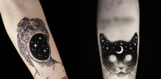 Tatuaż człowieka z kosmosem zamiast twarzy i kota również z motywem kosmosu