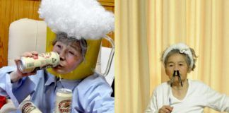 Dwie fotografie przedstawiającą starszą kobietę w przedzwinych stylizacjach