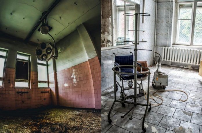 Dwa zdjęcia przedstawiające opuszczone sale szpitalne