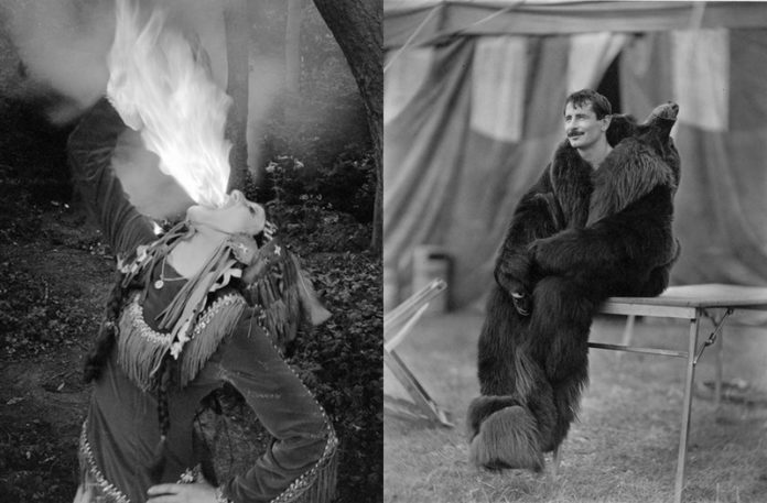 Dziewczyna ziejąca ognien i mężczyzna w stroju niedźwiedzia