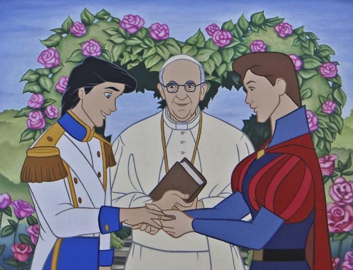 Rysunek przedstawia parę mężczyzn biorących slub przed papieżem